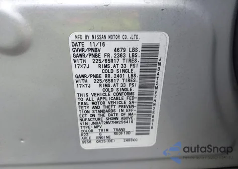 2017 Nissan Rogue Sv из США, поврежденный, VIN JN8AT2MV7HW256419